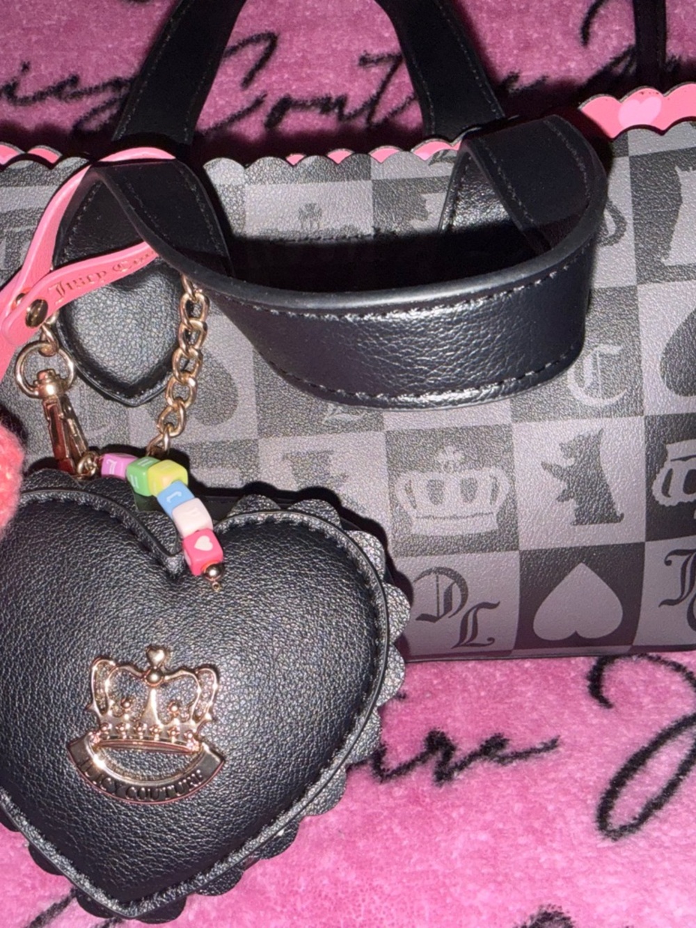 Gray & Pink Crown Print Mini Tote with Heart Charm - Picture 2 of 8